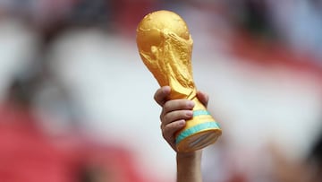 KAZAN, RUSSIA - JUNE 30: A replica World Cup Trophy is seen prior to the 2018 FIFA World Cup Russia Round of 16 match between France and Argentina at Kazan Arena on June 30, 2018 in Kazan, Russia. (Photo by Kevin C. Cox/Getty Images)