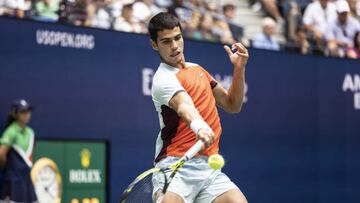 Carlos Alcaraz of Spain returns ball during 3rd round of US Open Championships match against Jenson Brooksby of USA at Billie Jean King National Tennis Center in New York on September 3, 2022. Alcaraz won in straight sets. (Photo by Lev Radin/Anadolu Agency via Getty Images)