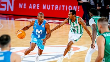 Jayson Granger, base del Movistar Estudiantes, trata de superar a Alex Renfroe, del Betis en la semifinal de la Final Four de ascenso a la Liga Endesa 2025.