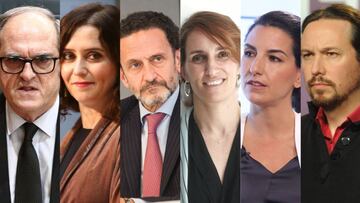 Candidatos para las elecciones a la Comunidad de Madrid 2021. De izquierda a dercha: &Aacute;ngel Gabilondo (PSOE), Isabel D&iacute;az Ayuso (PP) Edmundo Bal (Ciudadanos) M&oacute;nica Garc&iacute;a (M&aacute;s Madrid), Roc&iacute;o Monasterio (Vox) y Pab