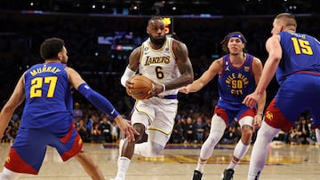 LeBron James #6 of the Los Angeles Lakers drives to the basket against Jamal Murray #27 of the Denver Nuggets, Aaron Gordon #50 of the Denver Nuggets and Nikola Jokic #15 of the Denver Nuggets during the second quarter in game three of the Western Conference Finals at Crypto.com Arena on May 20, 2023 in Los Angeles, California.