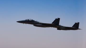 A Saudi fighter jet accompanies Air Force One, carrying U.S. President Donald Trump, on approach to the King Khalid International Airport in Riyadh, Saudi Arabia, May 13, 2025. REUTERS/Brian Snyder