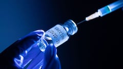 Esta imagen tomada el 17 de noviembre de 2020 muestra una jeringa y un frasco que dicen &quot;Vaccine Covid-19&quot;.