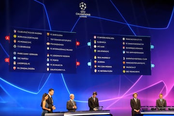 Los resultados finales del sorteo:
Grupo A: Atlético, Borussia Dortmund, Mónaco, Brujas.
Grupo B: Barcelona, Tottenham, PSV, Inter
Grupo C: París Saint Germain, Nápoles, Liverpool, Estrella Roja
Grupo D: Lokomotiv, Oporto, Schalke, Galatasaray
Grupo E: B
