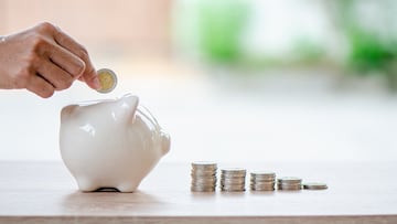 hand of man drop coin into piggy bank arranged as graph.