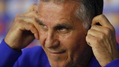 Colombia&#039;s coach Carlos Queiroz listens to a question during a press conference after a training session of the national soccer team in Sao Paulo, Brazil, Tuesday, June 18, 2019. Colombia will face Qatar on Wednesday for a Group B match of the Copa America soccer tournament. (AP Photo/Nelson Antoine)