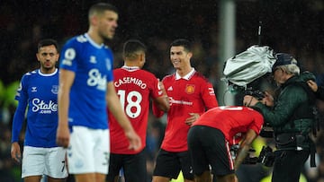 Manchester United's Cristiano Ronaldo and Casemiro after the final whistle of the Premier League match at Goodison Park, Liverpool. Picture date: Sunday October 9, 2022. (Photo by Peter Byrne/PA Images via Getty Images)