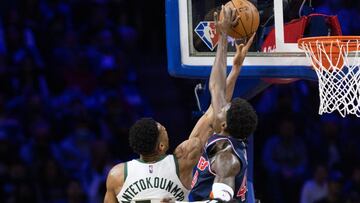 Nov 9, 2021; Philadelphia, Pennsylvania, USA; Philadelphia 76ers forward Paul Reed (44) blocks the shot attempt of Milwaukee Bucks forward Giannis Antetokounmpo (34) during the second quarter at Wells Fargo Center. Mandatory Credit: Bill Streicher-USA TODAY Sports