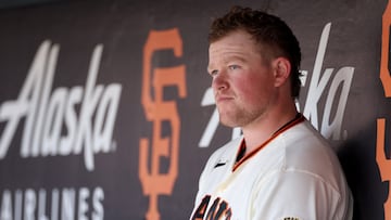 SAN FRANCISCO, CALIFORNIA - APRIL 27: Logan Webb #62 of the San Francisco Giants sits in the dugout during their game against the St. Louis Cardinals at Oracle Park on April 27, 2023 in San Francisco, California.   Ezra Shaw/Getty Images/AFP (Photo by EZRA SHAW / GETTY IMAGES NORTH AMERICA / Getty Images via AFP)