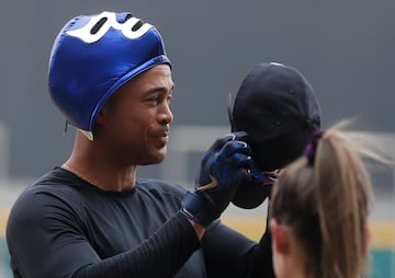 Giancarlo Stanton, with the "Blue Demon" mask.
