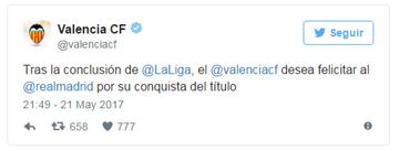 Valencia: "Following the conclusion of the LaLiga season, Valencia CF wishes to congratulate Real Madrid on winning the title"