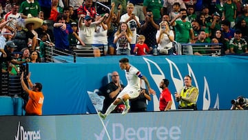 Jun 15, 2023; Las Vegas, Nevada, USA; USA forward Christian Pulisic (10) celebrates after scoring a goal against Mexico during the first half at Allegiant Stadium. Mandatory Credit: Lucas Peltier-USA TODAY Sports