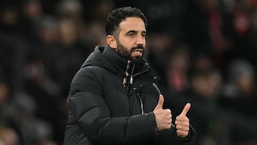 Manchester United's Portuguese head coach Ruben Amorim gestures on the touchline during the UEFA Europa League, League Phase football match between Manchester United and Bodoe/Glimt at Old Trafford stadium in Manchester, north west England, on November 28, 2024. (Photo by Oli SCARFF / AFP)