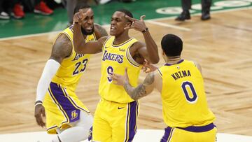 Feb 7, 2019; Boston, MA, USA; Los Angeles Lakers guard Rajon Rondo (9) reacts after making a game winning basket against the Boston Celtics in the fourth quarter at TD Garden. The Lakers defeated the Celtics 129-128. Mandatory Credit: David Butler II-USA TODAY Sports