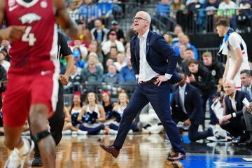 Mar 23, 2023; Las Vegas, NV, USA; UConn Huskies head coach Dan Hurley reacts after a play against the Arkansas Razorbacks during the second half at T-Mobile Arena. Mandatory Credit: Stephen R. Sylvanie-USA TODAY Sports