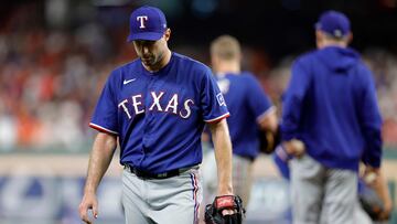 HOUSTON, TEXAS - OCTOBER 23: Max Scherzer #31 of the Texas Rangers walks back to the dugout after being relieved against the Houston Astros during the third inning in Game Seven of the American League Championship Series at Minute Maid Park on October 23, 2023 in Houston, Texas. Carmen Mandato/Getty Images/AFP (Photo by Carmen Mandato / GETTY IMAGES NORTH AMERICA / Getty Images via AFP)