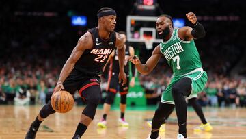 BOSTON, MASSACHUSETTS - MAY 29: Jimmy Butler #22 of the Miami Heat dribbles against Jaylen Brown #7 of the Boston Celtics during the third quarter in game seven of the Eastern Conference Finals at TD Garden on May 29, 2023 in Boston, Massachusetts. NOTE TO USER: User expressly acknowledges and agrees that, by downloading and or using this photograph, User is consenting to the terms and conditions of the Getty Images License Agreement.   Maddie Meyer/Getty Images/AFP (Photo by Maddie Meyer / GETTY IMAGES NORTH AMERICA / Getty Images via AFP)