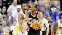 INDIANAPOLIS, IN - FEBRUARY 13: Kawhi Leonard #2 of the San Antonio Spurs looks to pass the ball while defended by Kevin Seraphin #1 of the Indiana Pacers at Bankers Life Fieldhouse on February 13, 2017 in Indianapolis, Indiana. NOTE TO USER: User expressly acknowledges and agrees that, by downloading and or using this photograph, User is consenting to the terms and conditions of the Getty Images License Agreement   Andy Lyons/Getty Images/AFP
 == FOR NEWSPAPERS, INTERNET, TELCOS &amp; TELEVISION USE ONLY ==