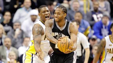 INDIANAPOLIS, IN - FEBRUARY 13: Kawhi Leonard #2 of the San Antonio Spurs looks to pass the ball while defended by Kevin Seraphin #1 of the Indiana Pacers at Bankers Life Fieldhouse on February 13, 2017 in Indianapolis, Indiana. NOTE TO USER: User expressly acknowledges and agrees that, by downloading and or using this photograph, User is consenting to the terms and conditions of the Getty Images License Agreement   Andy Lyons/Getty Images/AFP
 == FOR NEWSPAPERS, INTERNET, TELCOS &amp; TELEVISION USE ONLY ==