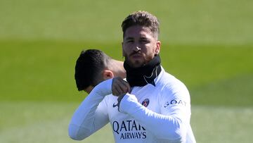 Paris Saint-Germain's Spanish defender Sergio Ramos looks on during a training session, on the eve of the L1 football match between PSG and SCO Angers at the club's training ground in Saint-Germain-en-Laye, west of Paris on April 20, 2023. (Photo by FRANCK FIFE / AFP)