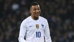 French forward Kylian Mbappe celebrates after scoring a goal from the penalty-kick during the friendly football match between France and South Africa at Pierre-Mauroy stadium in Villeneuve-d&#039;Ascq, near Lille, northern France, on March 29, 2022. (Phot