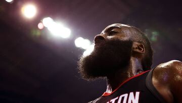HOUSTON, TX - MAY 14: James Harden #13 of the Houston Rockets looks on in the first half against the Golden State Warriors in Game One of the Western Conference Finals of the 2018 NBA Playoffs at Toyota Center on May 14, 2018 in Houston, Texas. NOTE TO USER: User expressly acknowledges and agrees that, by downloading and or using this photograph, User is consenting to the terms and conditions of the Getty Images License Agreement.   Ronald Martinez/Getty Images/AFP
 == FOR NEWSPAPERS, INTERNET, TELCOS &amp; TELEVISION USE ONLY ==