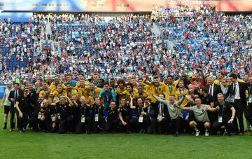 El equipo belga celebra el tercer puesto en el Mundial.