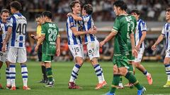 Real Sociedad�s midfielder Urko Gonzalez (centre L) celebrates with his teammates after scoring a goal during an international club friendly match between Tokyo Verdy and Real Sociedad at Japan National Stadium in Tokyo on May 29, 2024. (Photo by Yuichi YAMAZAKI / AFP)