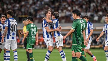 Real Sociedad�s midfielder Urko Gonzalez (centre L) celebrates with his teammates after scoring a goal during an international club friendly match between Tokyo Verdy and Real Sociedad at Japan National Stadium in Tokyo on May 29, 2024. (Photo by Yuichi YAMAZAKI / AFP)