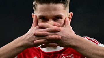 Arsenal's Swedish striker #14 Viktor Gyokeres celebrates scoring the opening goal during the UEFA Champions League football match between Arsenal and Kairat Almaty at the Emirates Stadium in north London on January 28, 2026. (Photo by Ben STANSALL / AFP)