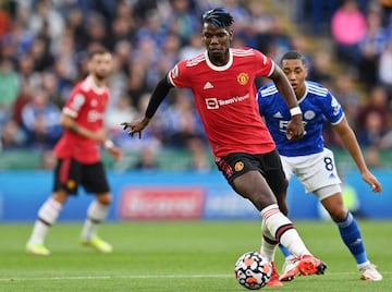 Manchester United's French midfielder Paul Pogba controls the ball during the English Premier League football match between Leicester City and Manchester United at King Power Stadium in Leicester, central England on October 16, 2021. (