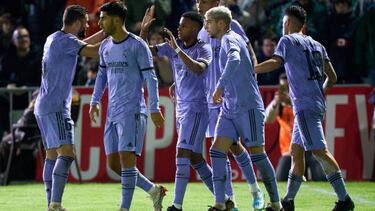 CACERES, SPAIN - JANUARY 03: Rodrygo Goes of Real Madrid celebrates with teammates after scoring their team's first goal during the Copa del Rey round of 32 match between CP Cacereno and Real Madrid at Estadio Principe Felipe on January 03, 2023 in Caceres, Spain. (Photo by Angel Martinez/Getty Images)