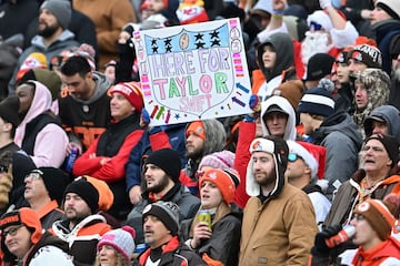 Forget the football | A sign that reads, "Here for Taylor Swift" is seen as the Chiefs take on the Browns at Huntington Bank Field.