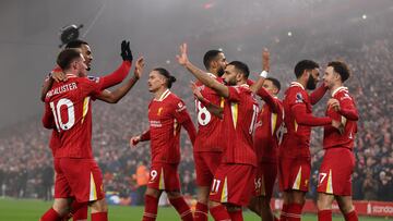 LIVERPOOL, ENGLAND - DECEMBER 26: Curtis Jones celebrates scoring the team's second goal during the Premier League match between Liverpool FC and Leicester City FC at Anfield on December 26, 2024 in Liverpool, England. (Photo by Copa/Getty Images)