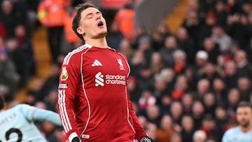 Liverpool's German midfielder #07 Florian Wirtz reacts after missing a chance during the English Premier League football match between Liverpool and Burnley at Anfield in Liverpool, north west England on January 17, 2026. (Photo by Oli SCARFF / AFP) / RESTRICTED TO EDITORIAL USE. No use with unauthorized audio, video, data, fixture lists, club/league logos or 'live' services. Online in-match use limited to 120 images. An additional 40 images may be used in extra time. No video emulation. Social media in-match use limited to 120 images. An additional 40 images may be used in extra time. No use in betting publications, games or single club/league/player publications. /