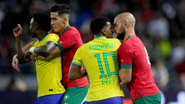 TANGIER, MOROCCO - MARCH 25: Rodrygo of Brazil argues with Sofyan Amrabat of Morocco during the international friendly match between Morocco and Brazil at Grand Stade de Tanger on March 25, 2023 in Tangier, Morocco. (Photo by Alex Caparros/Getty Images)