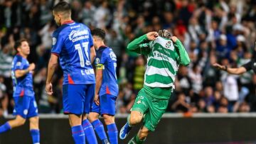 Santiago Munoz celebrates his goal 3-0 of Santos during the 11th round match between Santos and Cruz Azul as part of the Torneo Clausura 2024 Liga BBVA MX at TSM -Corona- Stadium on March 09, 2024 in Torreon, Coahuila, Mexico.