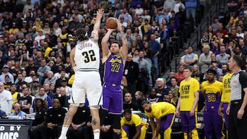 DENVER, COLORADO - FEBRUARY 22: Luka Doncic #77 of the Los Angels Lakers puts up a shot against Aaron Gordon #32 of the Denver Nuggets in the first quarter at Ball Arena on February 22, 2025 in Denver, Colorado. NOTE TO USER: User expressly acknowledges and agrees that, by downloading and or using this photograph, User is consenting to the terms and conditions of the Getty Images License Agreement. Matthew Stockman/Getty Images/AFP (Photo by MATTHEW STOCKMAN / GETTY IMAGES NORTH AMERICA / Getty Images via AFP)