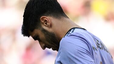 Real Madrid's Spanish midfielder Marco Asensio reacts during the Spanish league football match between Valencia CF and Real Madrid CF at the Mestalla stadium in Valencia on May 21, 2023. (Photo by JOSE JORDAN / AFP)