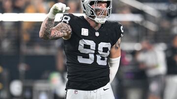 LAS VEGAS, NEVADA - OCTOBER 09: Maxx Crosby #98 of the Las Vegas Raiders reacts during the fourth quarter against the Green Bay Packers at Allegiant Stadium on October 09, 2023 in Las Vegas, Nevada.   Candice Ward/Getty Images/AFP (Photo by Candice Ward / GETTY IMAGES NORTH AMERICA / Getty Images via AFP)