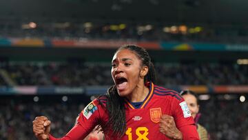 AUCKLAND, NEW ZEALAND - AUGUST 15: Salma Paralluelo of Spain celebrates the teams first goal during the FIFA Women's World Cup Australia & New Zealand 2023 Semi Final match between Spain and Sweden at Eden Park on August 15, 2023 in Auckland, New Zealand. (Photo by Ulrik Pedersen/DeFodi Images via Getty Images)