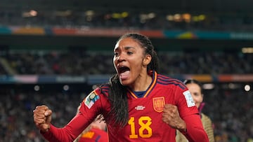 AUCKLAND, NEW ZEALAND - AUGUST 15: Salma Paralluelo of Spain celebrates the teams first goal during the FIFA Women's World Cup Australia & New Zealand 2023 Semi Final match between Spain and Sweden at Eden Park on August 15, 2023 in Auckland, New Zealand. (Photo by Ulrik Pedersen/DeFodi Images via Getty Images)