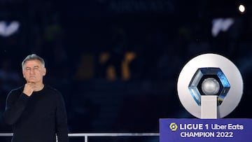 Paris Saint-Germain's French head coach  Christophe Galtier reacts during the 2022-2023 Ligue 1 championship trophy ceremony following the L1 football match between Paris Saint-Germain (PSG) and Clermont Foot 63 at the Parc des Princes Stadium in Paris on June 3, 2023. (Photo by FRANCK FIFE / AFP)