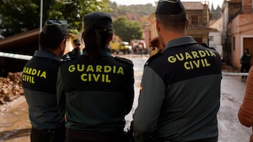 MIRA, CUENCA, CASTILLA-LA MANCHA, SPAIN - OCTOBER 30: Three Guardia Civil officers on October 30, 2024, in Mira, Cuenca, Castilla-La Mancha, Spain. Flooding has occurred in the Cuenca municipality of Mira due to heavy rains, which have caused the river to overflow. The Military Emergency Unit (UME) has acted in the municipality together with the fire department and the Civil Guard, and has rescued about thirty people who were on the roofs of their houses and another twenty neighbors trapped in houses. An 88-year-old woman died when she was trapped in her house, becoming the first person to die in Castilla-La Mancha due to the storm. (Photo By Europa Press via Getty Images)