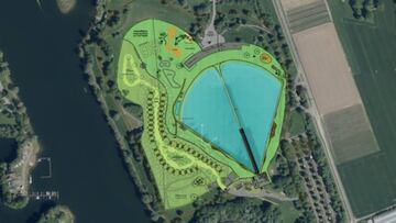Vista aérea del Surf Park que se construirá en Krefeld (Alemania) con tecnología Wavegarden Cove.