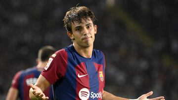 Barcelona's Portuguese forward #14 Joao Felix celebrates after scoring his team's first goal during the Spanish Liga football match between FC Barcelona and Real Betis at the Estadi Olimpic Lluis Companys in Barcelona on September 16, 2023. (Photo by Josep LAGO / AFP)