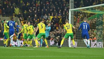 Chelsea's English defender Trevoh Chalobah shoots and scores the first goal of his team during the English Premier League football match between Norwich City and Chelsea at Carrow Road Stadium in Norwich, eastern England, on March 10, 2022. (Photo by