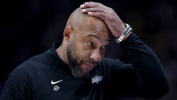 DENVER, COLORADO - APRIL 22: Head coach Darvin Ham of the Los Angeles Lakers react reacts as his team plays the Denver Nuggets in the fourth quarter during game two of the Western Conference First Round Playoffs at Ball Arena on April 22, 2024 in Denver, Colorado. NOTE TO USER: User expressly acknowledges and agrees that, by downloading and or using this photograph, User is consenting to the terms and conditions of the Getty Images License Agreement.   Matthew Stockman/Getty Images/AFP (Photo by MATTHEW STOCKMAN / GETTY IMAGES NORTH AMERICA / Getty Images via AFP)