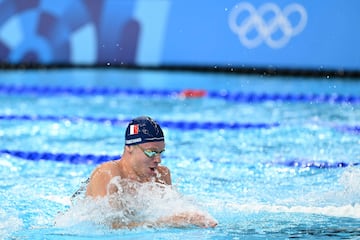 France's Leon Marchand competes in  the final of the men's 4x100m medley relay final.