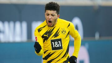 Jadon Sancho celebra un gol como jugador del Borussia Dortmund.